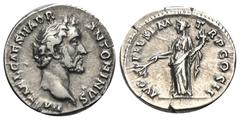 RÖMER, KAISERZEIT. Antoninus Pius 138-161, Denar 139, Rom. Av.: IMP T AEL CAES HADR ANTONINVS, Kopf nach rechts. Rv.: AVG PIVS P M TR P COS II, Pax mit Zweig und Füllhorn nach links stehend. 3,32 g. R