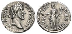 RÖMER, KAISERZEIT. Antoninus Pius 138-161, Denar 144, Rom. Av.: ANTONINVS AVG PIVS P P, belorbeerter Kopf nach rechts. Rv.: COS III DES IIII, Pax steht mit Zweig und Füllhorn nach links. 3,15 g. RIC I