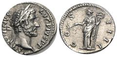 RÖMER, KAISERZEIT. Antoninus Pius 138-161, Denar 145-161, Rom. Av.: ANTONINVS AVG PIVS P P, belorbeerter Kopf nach rechts. Rv.: COS IIII, Felicitas oder Pax mit Zweig und Caduceus. 3,41 g. RIC III: 13