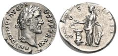 RÖMER, KAISERZEIT. Antoninus Pius 138-161, Denar 147-148, Rom. Av.: ANTONINVS AVG PI-VS P P TR P XI, belorbeerter Kopf nach rechts. Rv.: COS IIII, Salus mit Ruder auf Globus nach links stehend, fütter