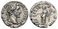 RÖMER, KAISERZEIT. Antoninus Pius 138-161, Denar 155-156, Rom. Av.: ANTONINVS AVG PIVS P P IMP II, belorbeerter Kopf nach rechts. Rv.: TR POT XIX - COS IIII, Pax mit Zweig und Füllhorn nach links steh