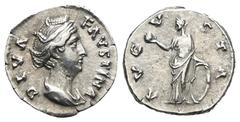 RÖMER, KAISERZEIT. Faustina Maior 138-141, Konsekrationsprägungen, Denar nach 141, Rom. Av.: DIVA FAVSTINA, drapierte Büste mit Perlhaarbändern nach rechts. Rv.: AVG-V-STA, Venus steht mit Apfel und S
