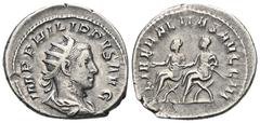 RÖMER, KAISERZEIT. Philippus II. als Caesar 244-247, Antoninian 247, Rom. Av.: IMP PHILIPPVS AVG, drapierte und gepanzerte Büste mit Strahlenkrone nach rechts. Rv.: LIBERALITAS AVGG III, Philipp I. un