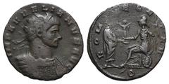 RÖMER, KAISERZEIT. Aurelianus 270-275, Antoninian 270-275, Mediolanum. Av.: IMP AVRELIANVS AVG, gepanzerte Büste mit Strahlenkrone nach rechts. Rv.: ROM-AE AE-TER[NAE] // Q, auf einem Schild sitzende 