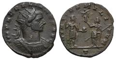 RÖMER, KAISERZEIT. Aurelianus 270-275, Antoninian 271-272, Mediolanum. Av.: IMP AVRELIANVS AVG, gepanzerte Büste mit Strahlenkrone nach rechts. Rv.: VIRTVS MILITVM // T, Kaiser mit Zepter und Globus e