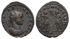 RÖMER, KAISERZEIT. Aurelianus 270-275, Antoninian 271-272, Mediolanum. Av.: IMP AVRELIANVS AVG, gepanzerte Büste mit Strahlenkrone nach rechts. Rv.: VIRT-VS MILIT-VM // T, Kaiser mit Zepter und Globus