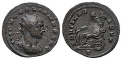 RÖMER, KAISERZEIT. Aurelianus 270-275, Antoninian 274-275, Mediolanum. Av.: IMP AVRELIANVS AVG, gepanzerte Büste mit Strahlenkrone nach rechts. Rv.: FORTVNA R-EDVX // T, auf einem Rad nach links sitze