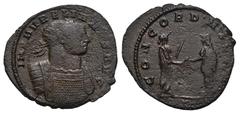 RÖMER, KAISERZEIT. Aurelianus 270-275, Antoninian 272-274, Siscia. Av.: IMP AVRELIANVS AVG, gepanzerte Büste mit Strahlenkrone nach rechts. Rv.: CONCORD MILITVM // T, Kaiser und Concordia stehen sich 