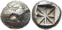 GRIECHISCHE MÜNZEN LYCIA. Lykische Dynasten. Unbekannter Dynast.   Stater ca. 500 v. Chr. unbekannte Münzstätte Av.: Löwenkopf n. l. Rv.: Quadratum Incusum mit 8 Feldern, Sternförmig unterteilt Müsele