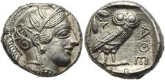 GRIECHISCHE MÜNZEN ATTIKA Athen Tetradrachme 454-404. Av.: Archaischer Kopf der Athena nach rechts, auf ihrem Helm drei Olivenblätter und ein Planzentrieb. Rv.: Im Quatratum Incusum Eule nach rechts, 