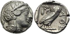 GRIECHISCHE MÜNZEN ATTIKA Athen Tetradrachme 454-404. Av.: Archaischer Kopf der Athena nach rechts, auf ihrem Helm drei Olivenblätter und ein Planzentrieb. Rv.: Im Quatratum Incusum Eule nach rechts, 