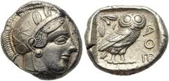 GRIECHISCHE MÜNZEN ATTIKA Athen Tetradrachme 454-404. Av.: Archaischer Kopf der Athena nach rechts, auf ihrem Helm drei Olivenblätter und ein Pflanzentrieb. Rv.: Im Quatratum Incusum Eule nach rechts,