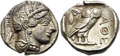 GRIECHISCHE MÜNZEN ATTIKA. Athen. Tetradrachme ca. 454-404 v. Chr. Av.: Archaischer Kopf der Athena nach rechts, auf ihrem Helm drei Olivenblätter und ein Planzentrieb. Rv.: ATE, im Quadratum Incusum 