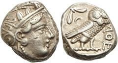 GRIECHISCHE MÜNZEN ATTIKA Athen Tetradrachme ca 393-355 v. Chr. Av.: Kopf der Athena nach rechts, auf ihrem Helm drei Olivenblätter und ein Planzentrieb. Rv.: ATHE, Eule nach rechts, im linken Winkel 