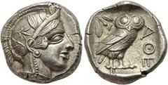 GRIECHISCHE MÜNZEN ATTIKA. Athen. Tetradrachme ca. 430-420 17,19 g. Av.: Archaischer Kopf der Athena nach rechts, auf ihrem Helm drei Olivenblätter und ein Planzentrieb. Rv.: A?E, im Quadratum Incusum