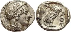 GRIECHISCHE MÜNZEN ATTIKA Athen Tetradrachme ca. 430-420 Av.: Archaischer Kopf der Athena nach rechts, auf ihrem Helm drei Olivenblätter und ein Planzentrieb. Rv.: ATHE, im Quadratum Incusum Eule nach