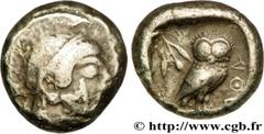 ATTIQUE - ATHÈNES Tétradrachme c. 500-490 AC. Attique, Athènes R3 silver (22,5mm, 17,29g, 9h) Obverse : Anépigraphe Tête d'Athéna à droite, coiffée du casque attique à cimier, avec collier et boucles 