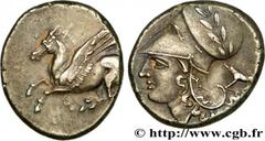 CORINTHIA - CORINTH Statère c. 330 AC. Corinthie, Corinthe silver (21mm, 8,59g, 3h) Obverse : Q (koppa archaïque) Pégase volant à gauche, les ailes déployées Reverse : Tête d'Athéna à gauche, coiffée 