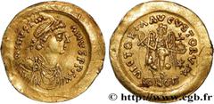 Byzantine coins JUSTINIAN I Type : Tremissis  Date : 527-565  Mint name / Town : Constantinople  Metal : gold  Millesimal fineness : 1000  ‰ Diameter : 15,5  mm Orientation dies : 6  h. Weight : 1,44 