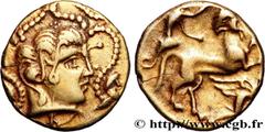 Celtic coins VENETI (Area of Vannes) Type : Quart de statère d’or au personnage ailé, var. 3  Date : IIe siècle avant J.-C.  Mint name / Town : Vannes (56)  Metal : gold  Diameter : 13  mm Orientation