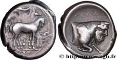 Greek Coins SICILY - GELA Type : Tétradrachme  Date : c. 420-415 AC.  Mint name / Town : Géla, Sicile  Metal : silver  Diameter : 25,5  mm Orientation dies : 6  h. Weight : 17,32  g. Rarity : R2  Obve