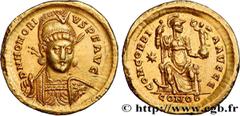Roman coins HONORIUS Type : Solidus  Date : 408-420  Mint name / Town : Constantinople  Metal : gold  Diameter : 20,5  mm Orientation dies : 6  h. Weight : 4,37  g. Rarity : R2  Officine : 5e  Obverse