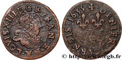 Royal coins LOUIS XIII Type : Denier tournois de Navarre  Date : 1635  Mint name / Town : Saint-Palais  Metal : copper  Diameter : 16,5  mm Orientation dies : 6  h. Weight : 1,04  g. Rarity : R1  Obve