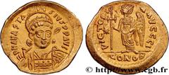 Byzantine coins ANASTASIUS Type : Solidus  Date : 507-518  Mint name / Town : Constantinople  Metal : gold  Millesimal fineness : 1000  ‰ Diameter : 19  mm Orientation dies : 6  h. Weight : 4,41  g. R