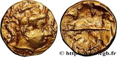 Celtic coins VENETI (Area of Vannes) Type : Quart de statère d’or à l’oiseau sous l’androcéphale  Date : IIe siècle avant J.-C.  Mint name / Town : Vannes (56)  Metal : gold  Diameter : 11,5  mm Orien