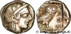 ATTICA - ATHENS Tétradrachme c. 440 AC. Attique, Athènes R1 silver (23mm, 17,26g, 7h) Obverse : Anépigraphe Tête d'Athéna à droite, coiffée du casque attique à cimier, orné de trois feuilles d'olivier