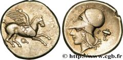 CORINTHIA - CORINTH Statère c. 350 AC. Corinthie, Corinthe R1 silver (21mm, 8,59g, 10h) Obverse : Q (koppa archaïque) Pégase volant à droite, les ailes déployées Reverse : Tête d'Athéna à gauche, coif