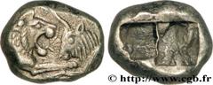 LYDIA - LYDIAN KINGDOM - CROESUS Tiers de statère c. 550 AC. Lydie, Sardes R2 silver (11mm, 3,42g, h) Obverse : Anépigraphe Protomés de taureau et de lion affrontés Reverse : Double carré creux inform
