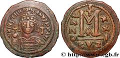 Byzantine coins JUSTINIAN I Type : Follis  Date : an 21  Mint name / Town : Cyzique  Metal : copper  Diameter : 27  mm Orientation dies : 6  h. Weight : 20,02  g. Rarity : R1  Officine : 1re  Obverse 