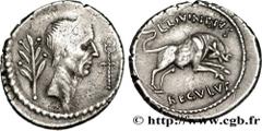 JULIUS CAESAR Denier 42 AC. Rome R3 silver (19mm, 4,07g, 2h) Obverse : Anépigraphe Tête laurée de Jules César à droite entre une branche de laurier et un caducée ailé Reverse : L. MVSSIDIVS/ REGVLVS T