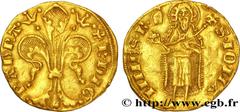 PRINCIPAUTY OF ORANGE - RAYMOND IV Florin d'or c. 1340-1370 Orange R1 gold (20mm, 3,48g, 7h) Obverse : (cornet). R. DI. G - P. AURA Grande fleur de lis épanouie Reverse : . S. IOHA-NNES. B. (heaume) S
