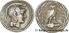 ATTICA - ATHENS Tétradrachme stéphanophore c. 136-135 AC. Attique, Athènes R3 silver (31,5mm, 16,66g, 12h) Obverse : Anépigraphe Tête d'Athéna à droite, coiffée du casque attique à cimier, orné d'un g