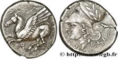 CORINTHIA - CORINTH Statère c. 330 AC. Corinthie, Corinthe R1 silver (21,00mm, 8,49g, 2h) Obverse : Q (koppa archaïque) Pégase volant à gauche, les ailes déployées Reverse : Tête d'Athéna à gauche, co