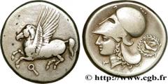 CORINTHIA - CORINTH Statère c. 330 AC. Corinthie, Corinthe R1 silver (22mm, 8,46g, 9h) Obverse : Q (koppa archaïque) Pégase volant à gauche, les ailes déployées Reverse : Tête d'Athéna à gauche, coiff