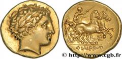 MACEDONIA - MACEDONIAN KINGDOM - PHILIP II Statère d'or c. 340-328 AC. Pella, Macédoine R2 gold (18mm, 8,61g, 12h) Obverse : Anépigraphe Tête laurée d’Apollon à droite avec baies dans la couronne Reve