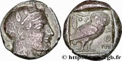 ATTICA - ATHENS Tétradrachme c. 460-450 AC. Athènes, Attique R2 silver (23,5mm, 16,61g, 3h) Obverse : Anépigraphe Tête d'Athéna à droite, coiffée du casque attique à cimier, orné de trois feuilles d'o