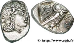 ATTICA - ATHENS Tétradrachme c. 350-320 AC. Athènes, Attique R1 silver (26mm, 17,26g, 9h) Obverse : Anépigraphe Tête d'Athéna à droite, l'œil vu de profil, coiffée du casque attique à cimier, orné de 