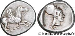 CORINTHIA - CORINTH Statère c. 450 AC. Corinthe, Corinthie R2 silver (18mm, 8,66g, 9h) Obverse : Q archaïque Pégase volant à droite, les ailes repliées, la bride sur le cou Reverse : Anépigraphe Tête 