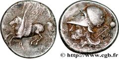 CORINTHIA - CORINTH Statère c. 330 AC. Corinthe, Corinthie silver (22mm, 8,46g, 3h) Obverse : Q (koppa archaïque) Pégase volant à gauche, les ailes déployées Reverse : Tête d'Athéna à gauche, coiffée 