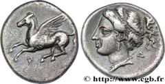 CORINTHIA - CORINTH Drachme c. 330 AC. Corinthe, Corinthie silver (15mm, 2,59g, 9h) Obverse : Q (kappa archaïque) Pégase volant à gauche, les ailes déployées Reverse : Tête d’Aphrodite à gauche avec c
