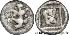 KYRENAICA - KYRENE Obole 470-450 AC. Cyrène, Cyrénaïque R3 silver (9mm, 0,65g, 12h) Obverse : Anépigraphe plant de silphium Reverse : Anépigraphe Tête barbue et cornue de Zeus Ammon à droite dans une 
