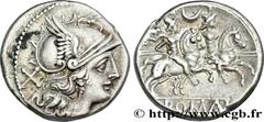 ROMAN REPUBLIC - ANONYMOUS Denier c. 207 AC. Rome R2 silver (18mm, 4,13g, 12h) Obverse : Anépigraphe Tête casquée de Rome à droite ; derrière X Reverse : ROMA en relief à l'exergue dans un cartouche e