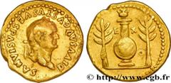 DIVUS VESPASIANUS Aureus Titus' Consecration 80 Rome R2 gold (19,5mm, 7,41g, 6h) Obverse : DIVVS AVGVSTVS VESPASIANVS Tête laurée de Vespasien à droite (O*) Reverse : E-X// [SC] sur un bouclier Boucli