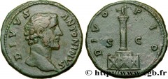 DIVUS ANTONINUS Type : Sesterce  Date : 162  Mint name / Town : Rome  Metal : copper  Diameter : 32  mm Orientation dies : 12  h. Weight : 23,05  g. Rarity : R2  Obverse legend : DIVVS ANTONINVS  Obve