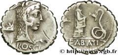 ROSCIA (64 avant J.-C.) Lucius Roscius Fabatus Denier serratus 64 AC. N° brm_193102 Date : 64 AC. Nom de l'atelier : Rome Métal : argent Diamètre : 17mm Axe des coins : 6h. Poids : 3,91g. Degré de rar