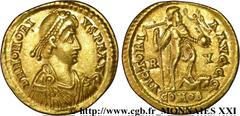 HONORIUS(22/01/393-15/08/423)Flavius Honorius Solidus N° v21_3849    Date : 408-423 Nom de l'atelier : Flaminie, Ravenne, (Ravenna) Métal : or Diamètre : 21mm Axe des coins : 12h. Poids : 4,40g. Etat 